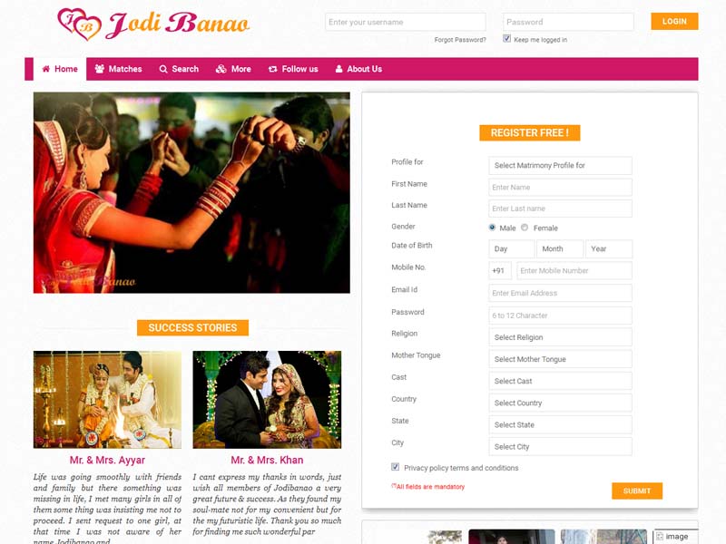 Jodibanao is an Indian Matrimonial matchmaking service that is highly committed to providing a matrimonial portal to all Indian Brides & Grooms. <a href='http://jodibanao.com/' target='_blank'>Read more..</a>