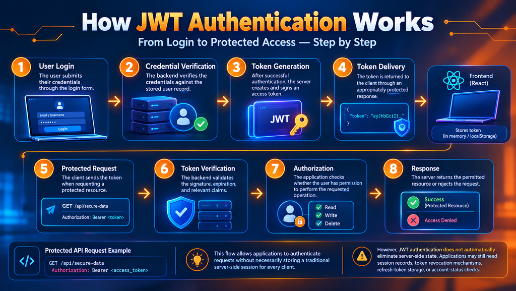 JWT authentication workflow infographic illustrating login, credential verification, token generation, protected API requests, token validation, authorization, and secure access using React and Node.js.