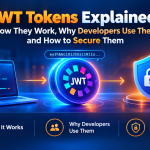 JWT Tokens Explained banner showing a developer laptop, a glowing JWT token, and a secure shield with a lock, illustrating how JWT authentication works and how to protect tokens.