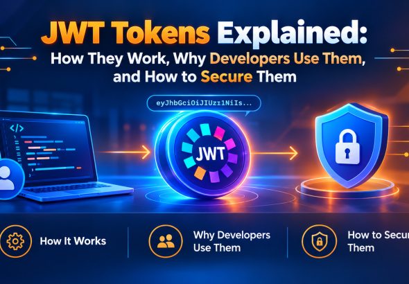 JWT Tokens Explained banner showing a developer laptop, a glowing JWT token, and a secure shield with a lock, illustrating how JWT authentication works and how to protect tokens.