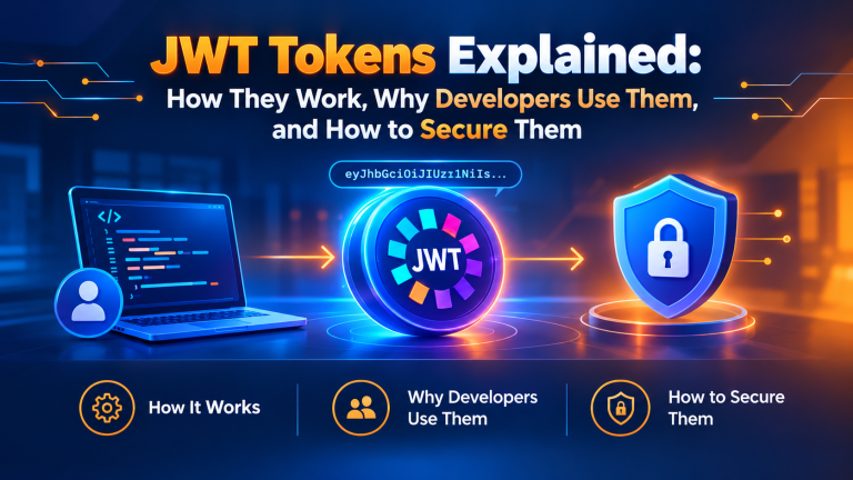 JWT Tokens Explained banner showing a developer laptop, a glowing JWT token, and a secure shield with a lock, illustrating how JWT authentication works and how to protect tokens.
